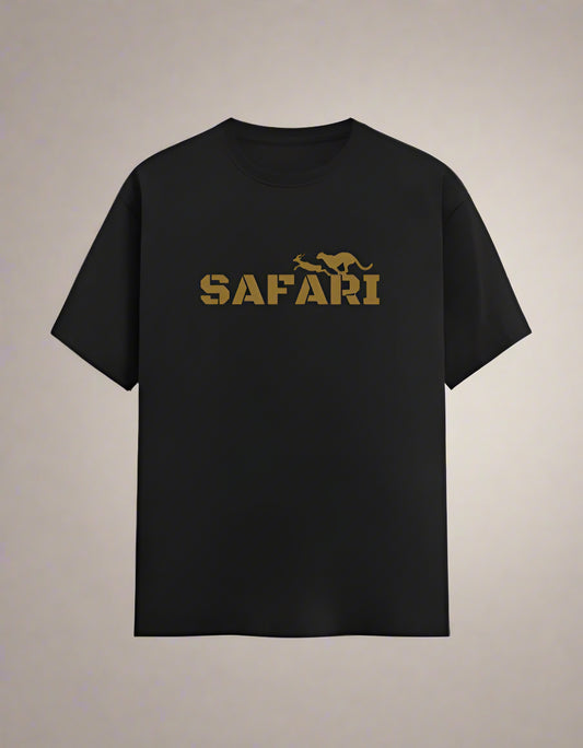 Black t-shirt with 'SAFARI' text and logo on a white background