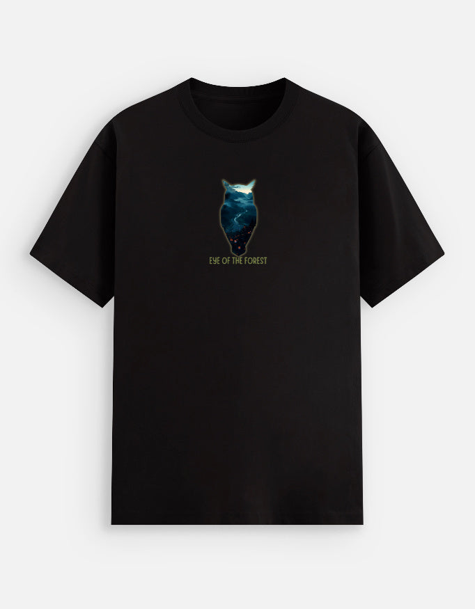 Black t-shirt with a owl silhoutte and text on a white background