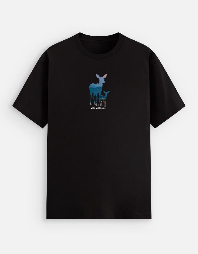 Black t-shirt with a blue deer graphic and text on a white background