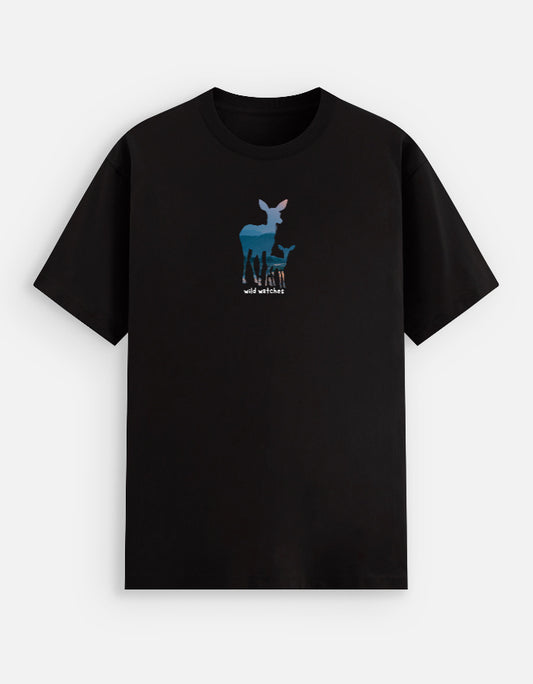 Black t-shirt with a blue deer graphic and text on a white background