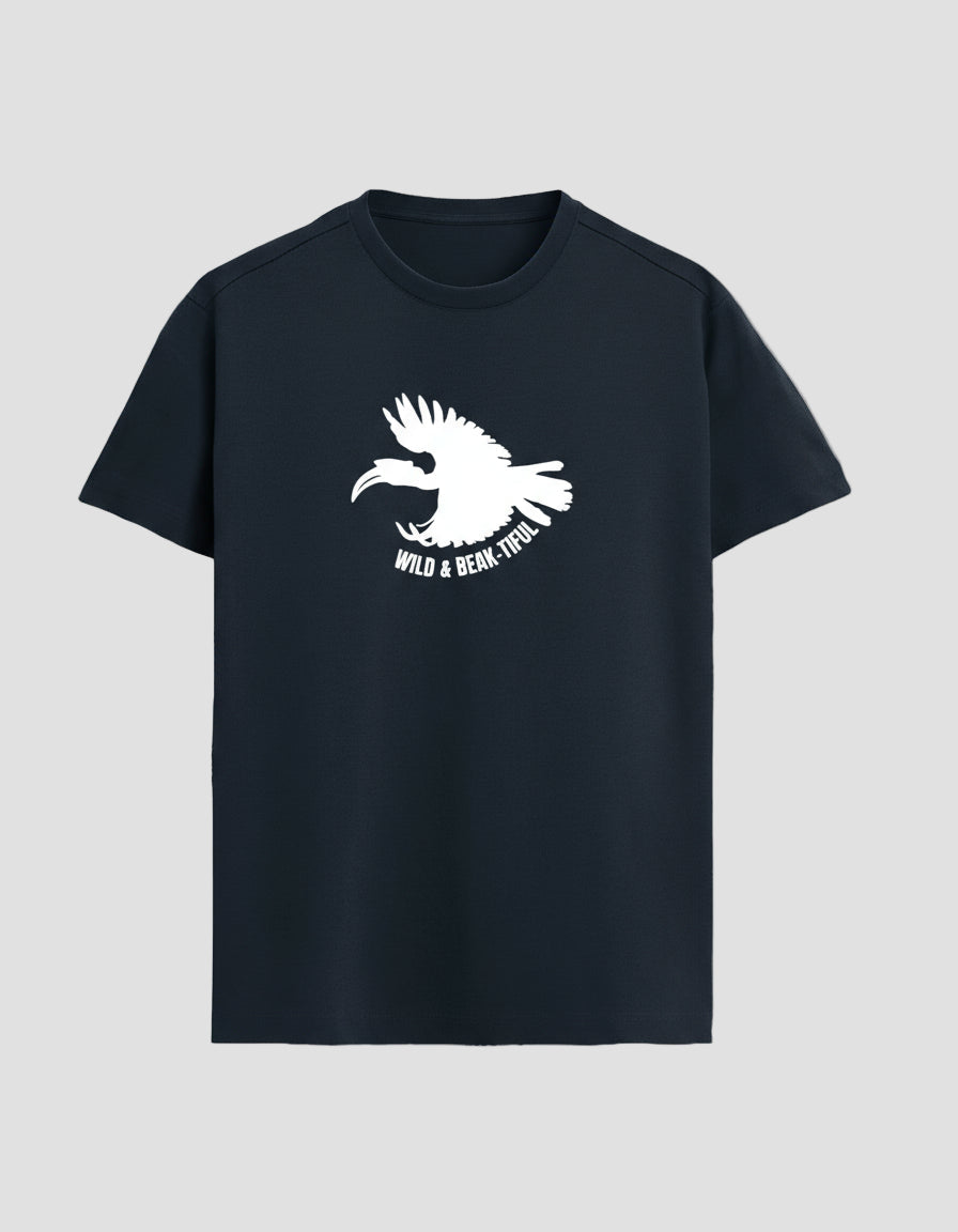 Navy blue t-shirt with a white bird graphic and text on a white background