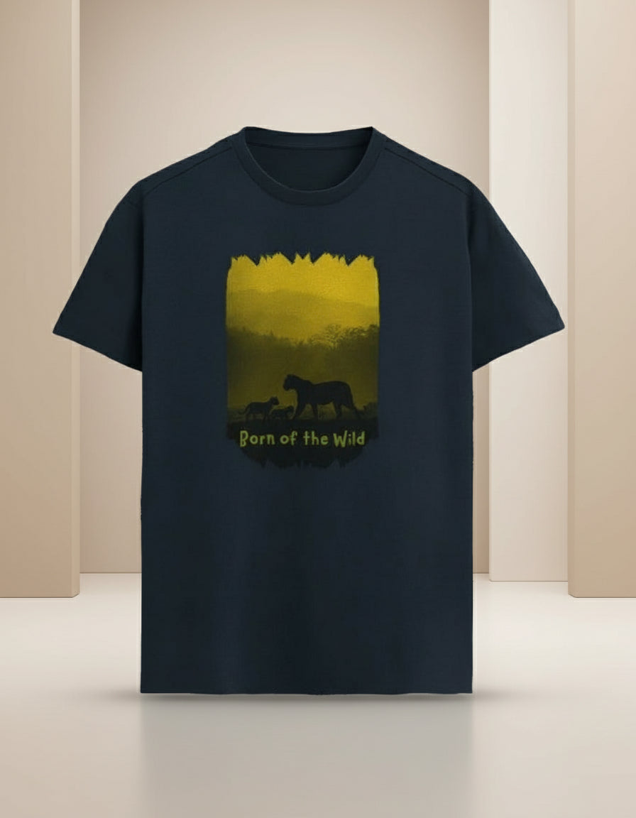 Black t-shirt with a graphic of a Tiger and cubs with'Born of the Wild' text on a yellow background
