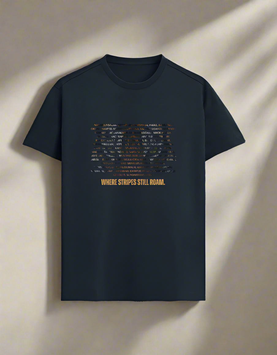 Navy blue wildlife-themed t-shirt featuring tiger reserve names and bold conservation quote