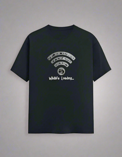 navy blue t-shirt with a Wi-Fi symbol and 'Wildlife Loading' text on a white background