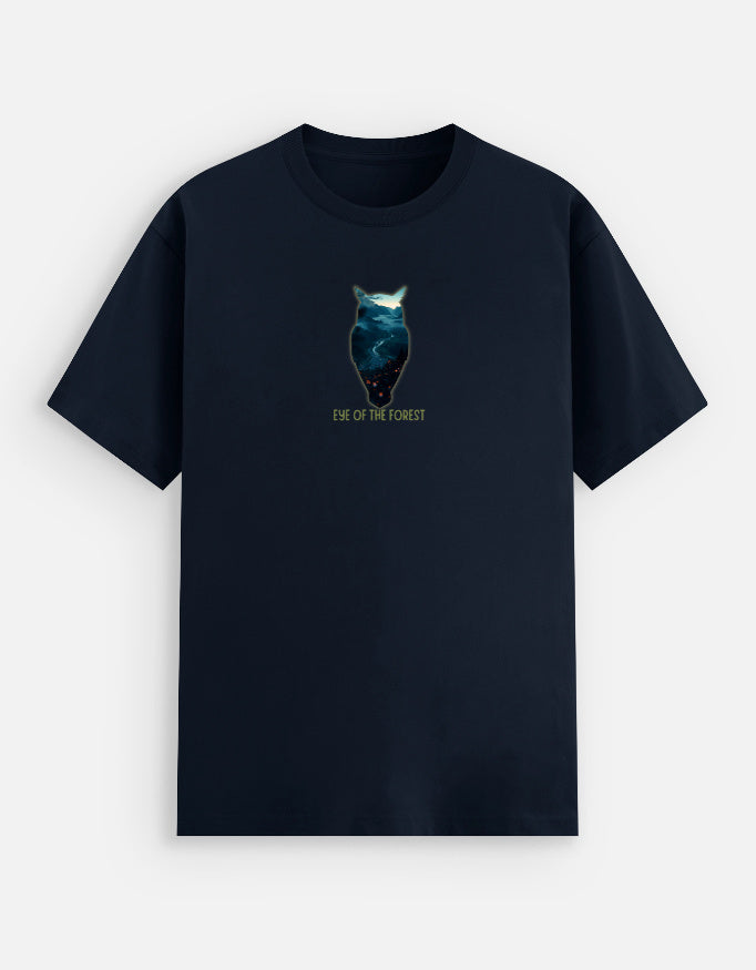 Black t-shirt with a owl silhoutte design and text on a white background