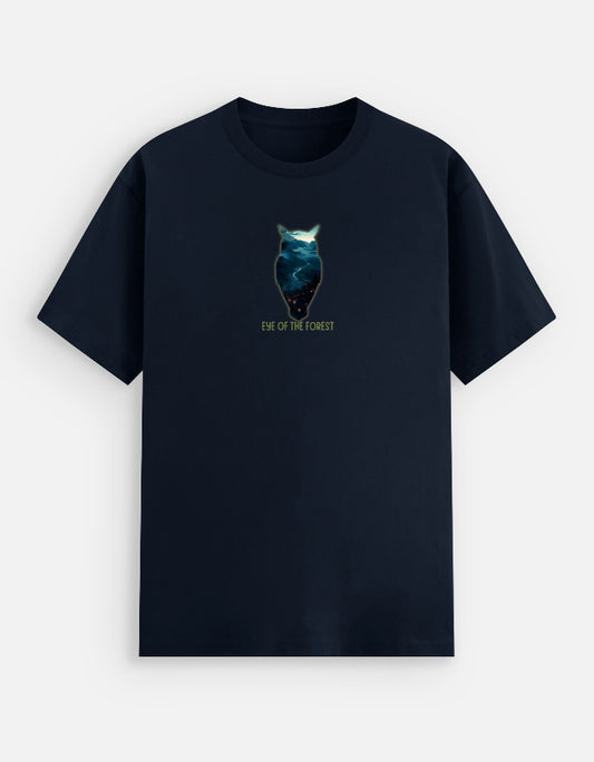Black t-shirt with a owl silhoutte design and text on a white background