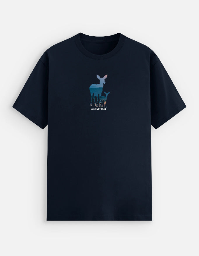 Navy blue t-shirt with a deer graphic and text on a white background