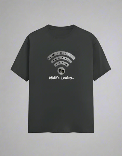 Grey t-shirt with a graphic design on a white background