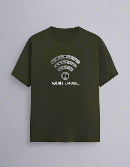 olive green t-shirt with a graphic design on a white background
