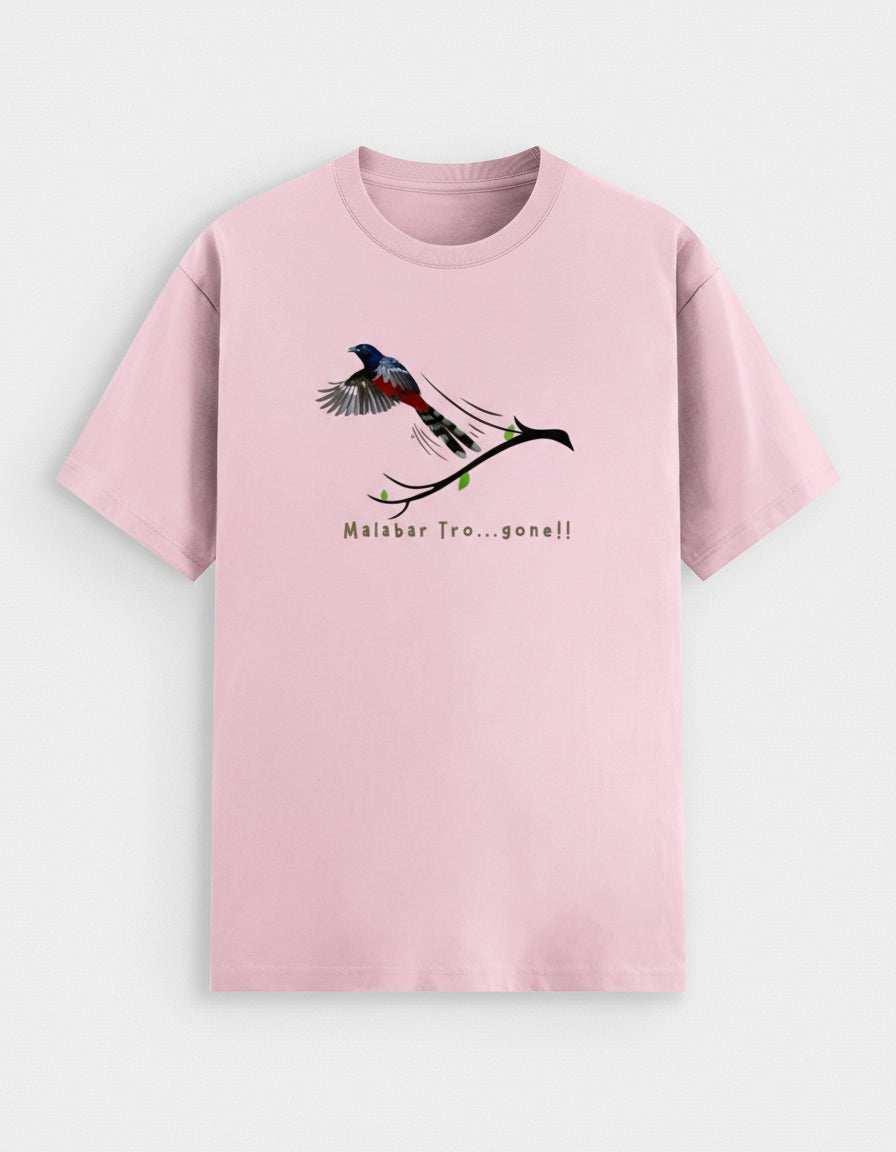 Pink t-shirt with a bird design and text on a white background