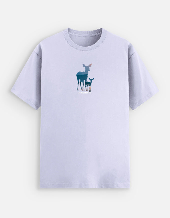 Lavender t-shirt with a deer graphic on a white background