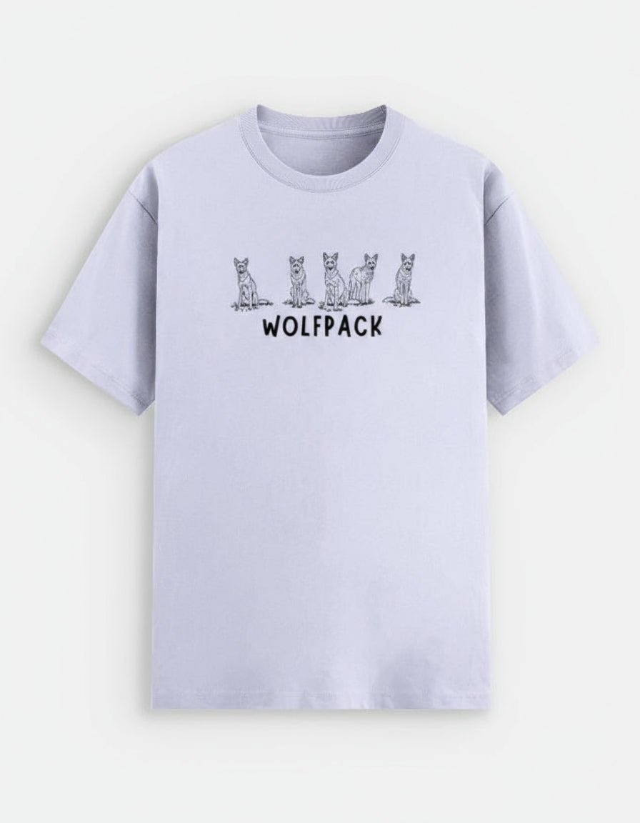 lavender t-shirt with 'WOLFPACK' and wolf graphic on a white background