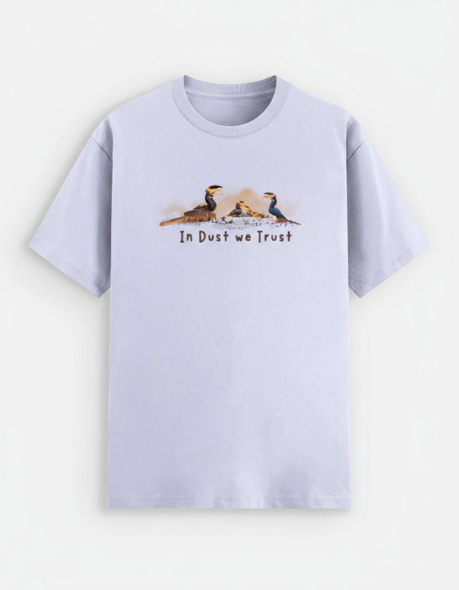 Lavender t-shirt with graphic design and text on a white background