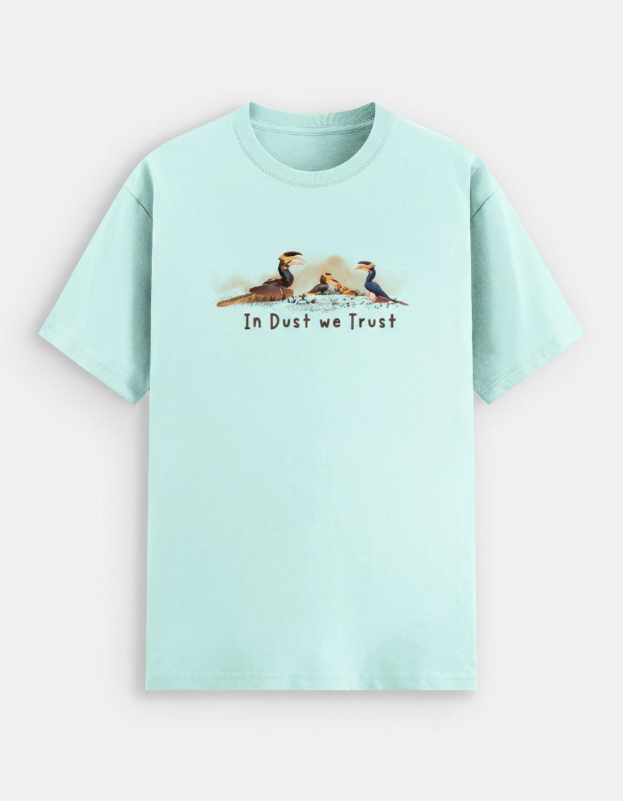 Mint color t-shirt with graphic design and text on a light gray background