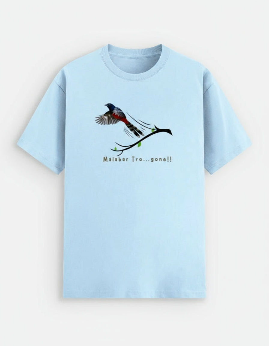 Light blue t-shirt with a bird graphic and text on a white background