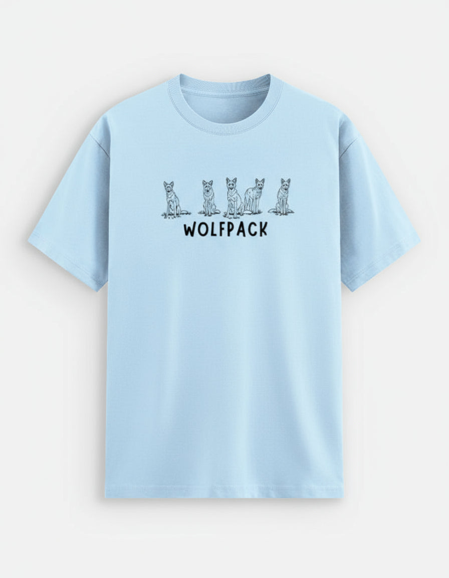 Light blue t-shirt with 'Wolfpack' graphic design on a white background