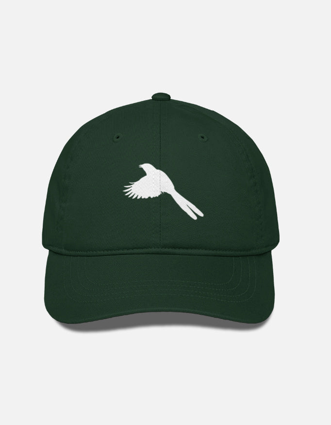 Dark green cap with a white bird logo on a light gray background