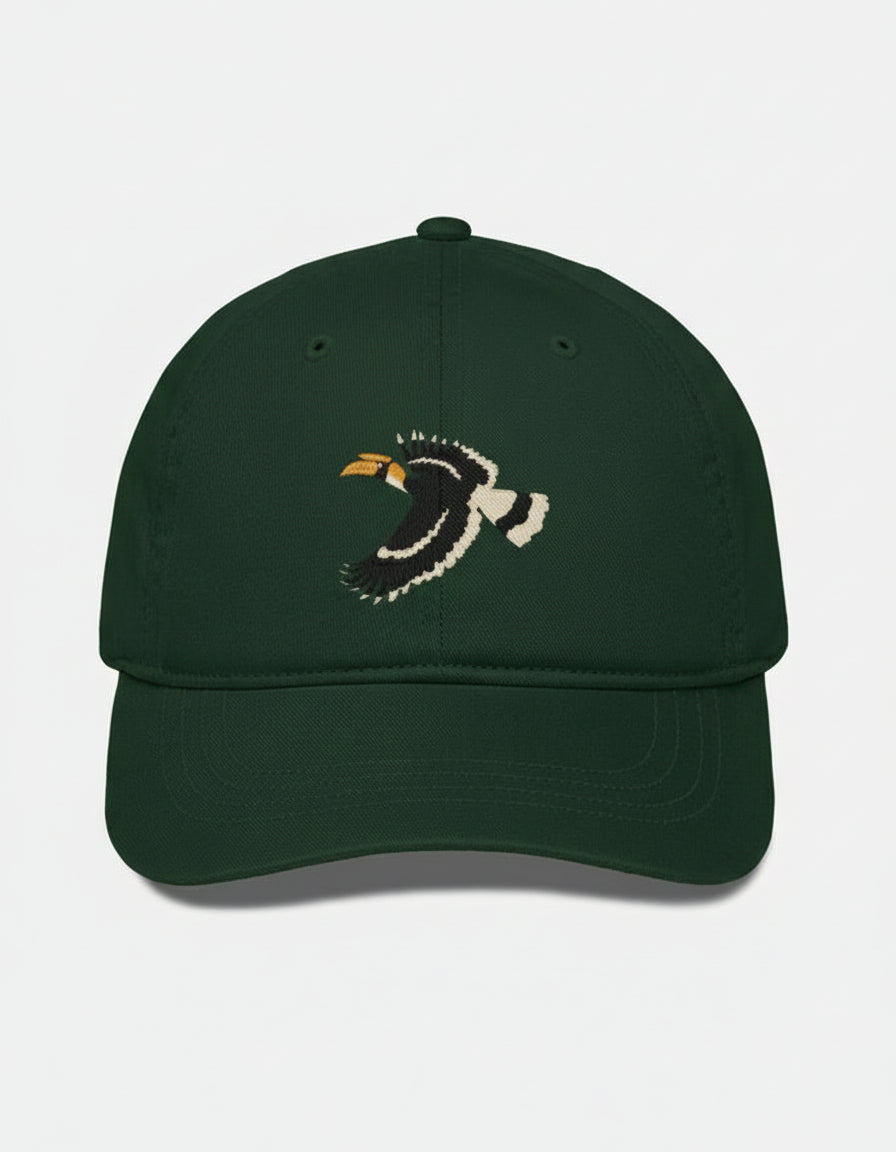 Green cap with embroidered malabar hornbill design on a light gray background