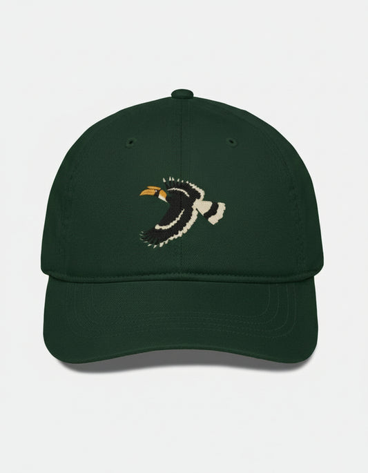 Green cap with embroidered malabar hornbill design on a light gray background
