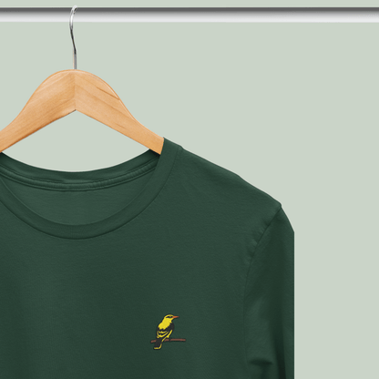 Green Tucktribe t-shirt with a golden oriole bird embriodery on a hanger against a light gray background