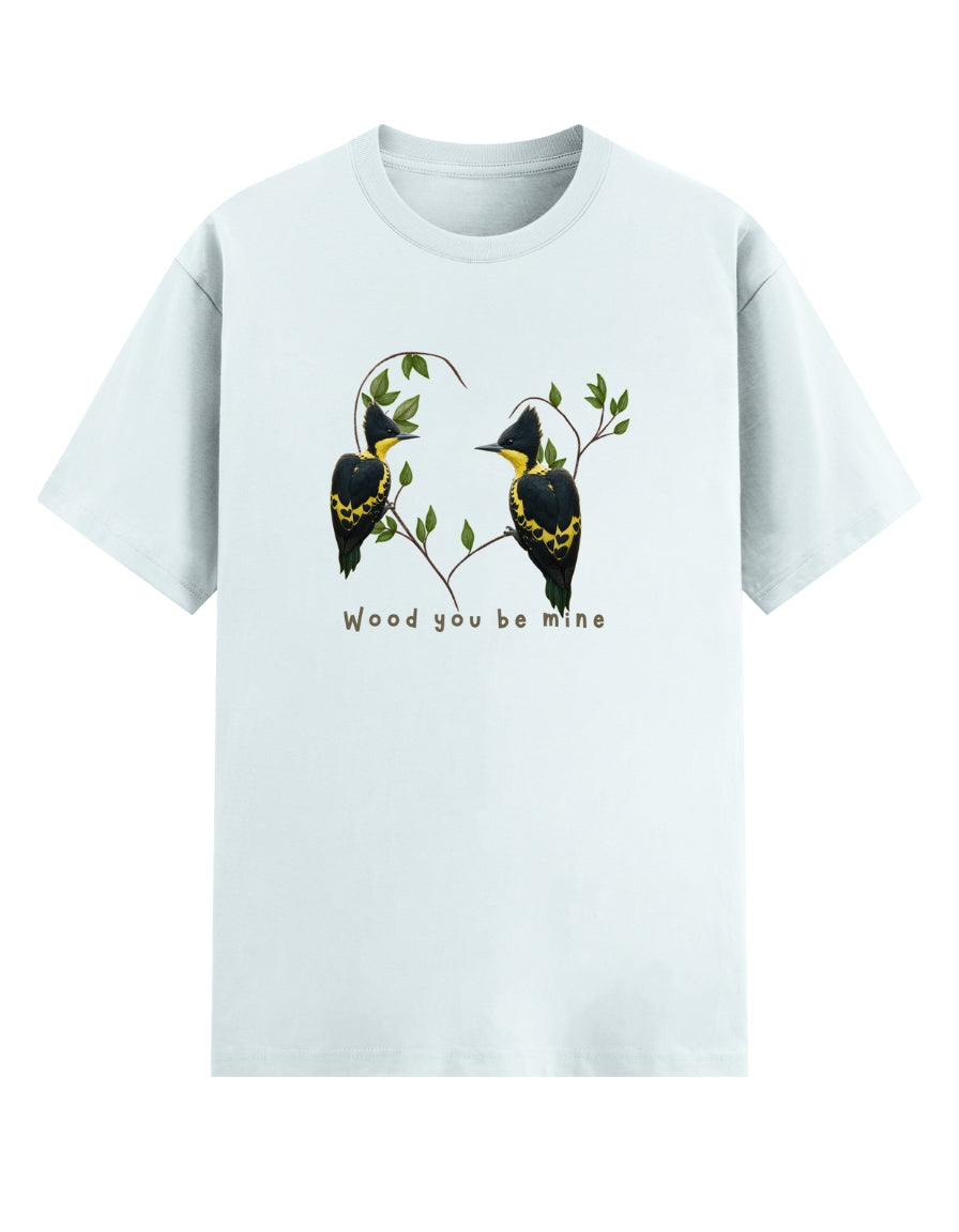 Heart-Spotted Woodpecker Couple T-Shirt – “Wood You Be Mine” | Romantic Wildlife Nature Tee