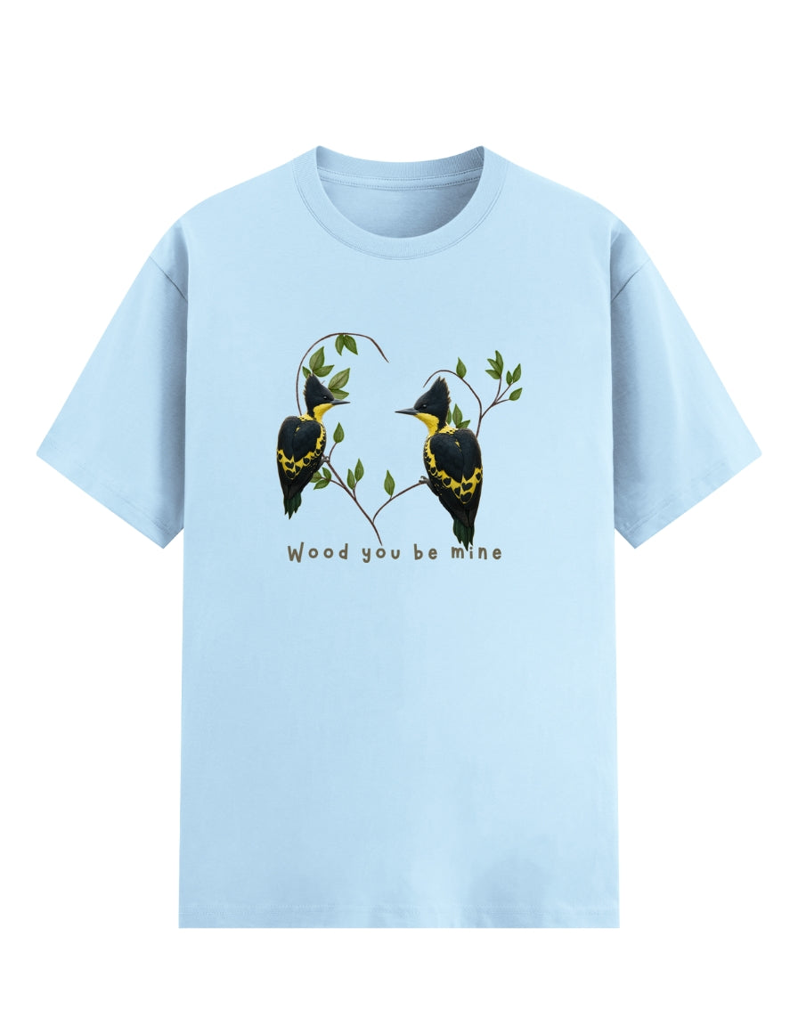 Heart-Spotted Woodpecker Couple T-Shirt – “Wood You Be Mine” | Romantic Wildlife Nature Tee