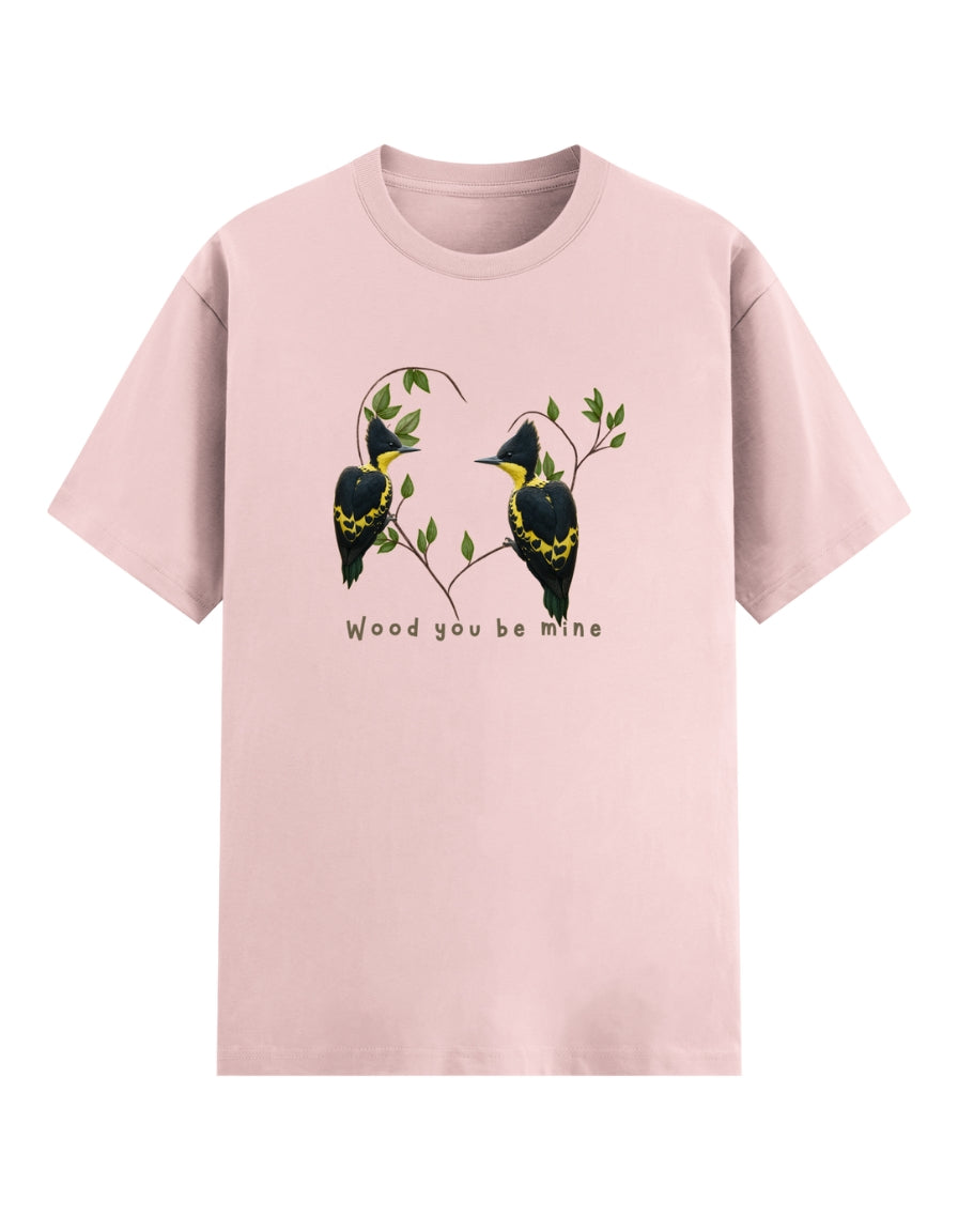 Heart-Spotted Woodpecker Couple T-Shirt – “Wood You Be Mine” | Romantic Wildlife Nature Tee