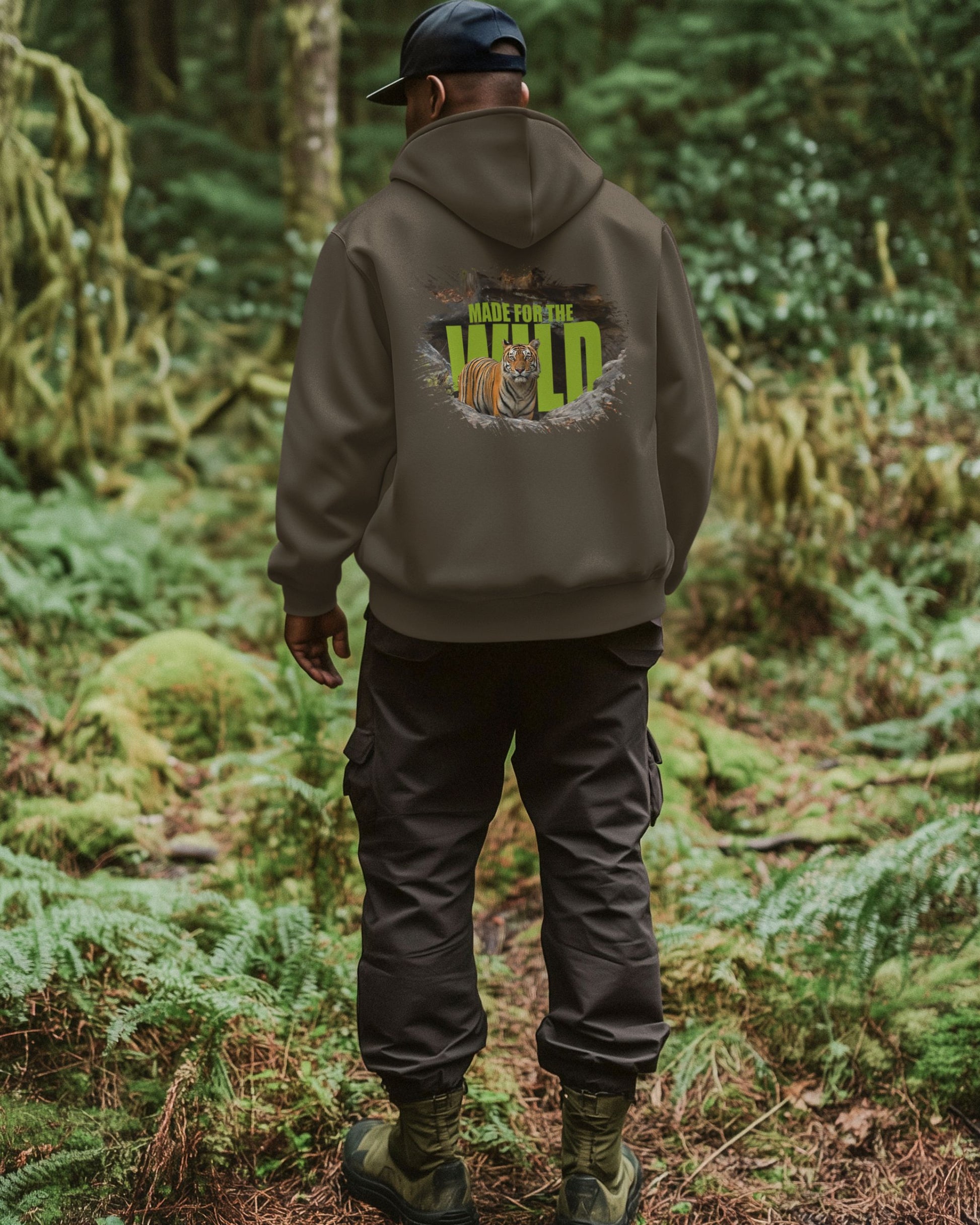 Person wearing a hoodie with 'Made for the Wild' text and Tiger graphic in a forest setting