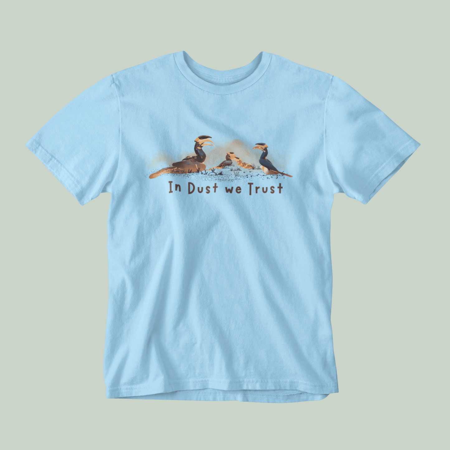 Light blue t-shirt with a graphic design and text on a gray background