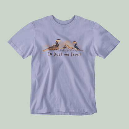 lavender t-shirt with graphic design and text on a light green background