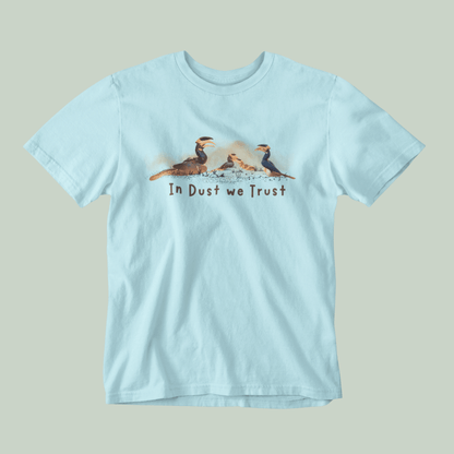 Mint t-shirt with graphic design and text on a gray background