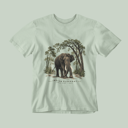 a jade green color Indian elephant tusker T-shirt inspired by Kabini wildlife