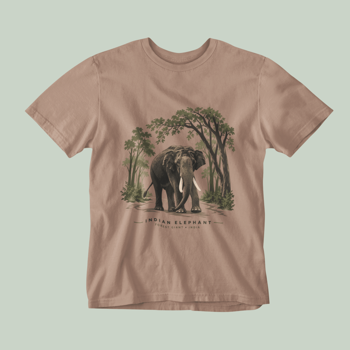 a sandalwood dust color Indian elephant tusker T-shirt inspired by Kabini wildlife