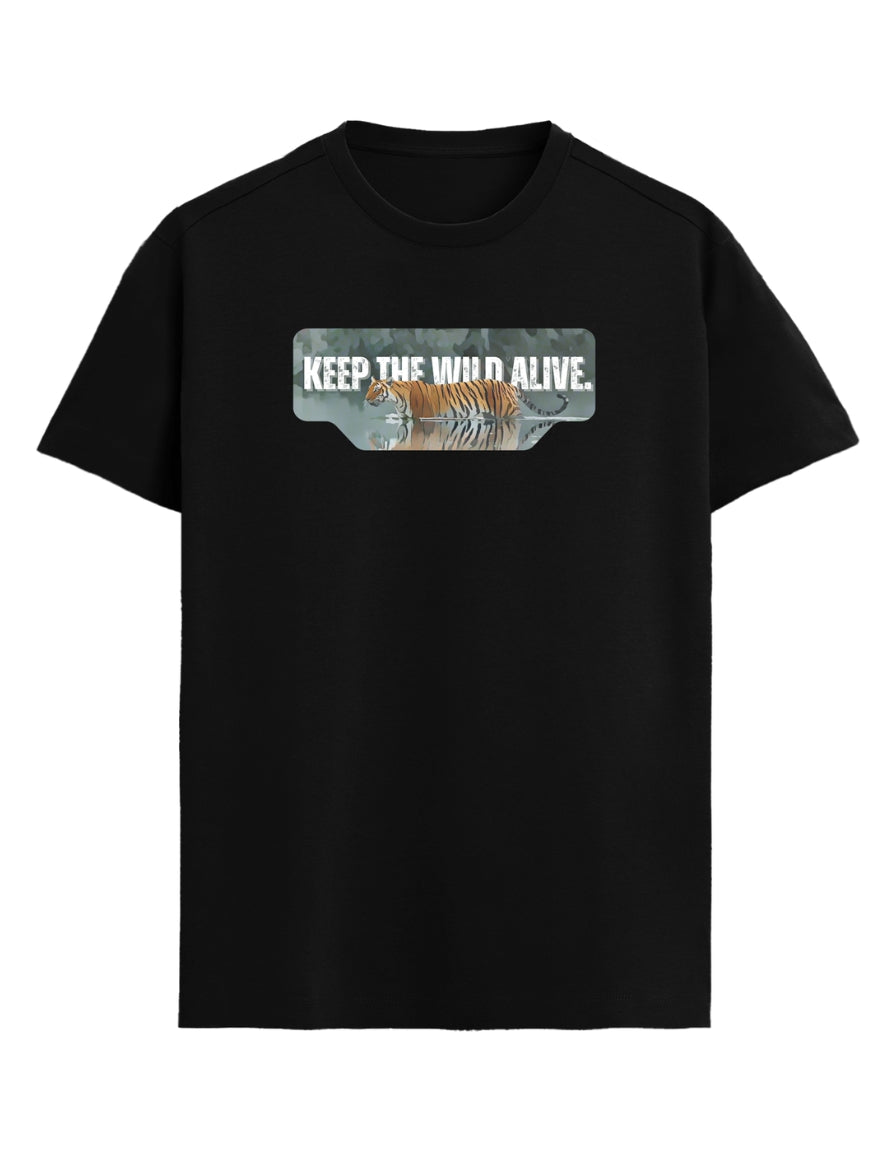 Black t-shirt with 'Keep the Wild Alive' graphic on a white background