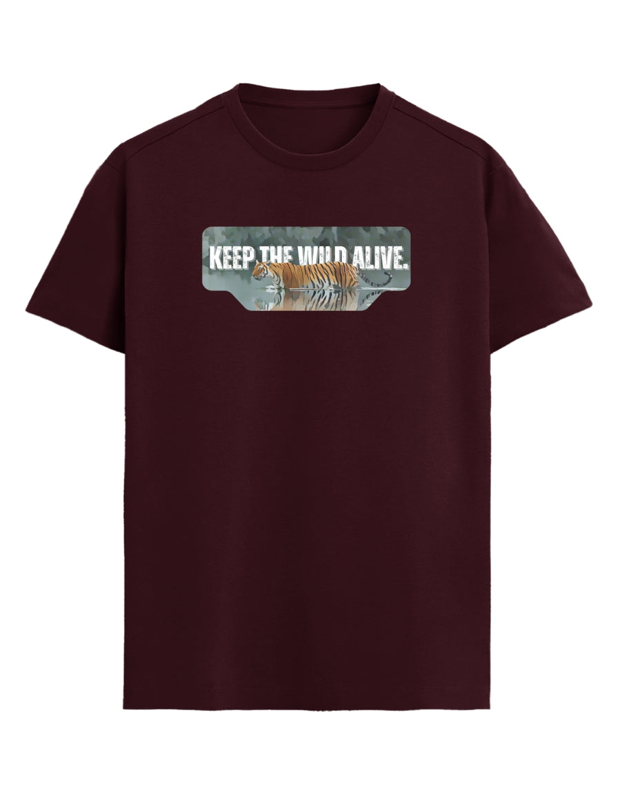 Maroon t-shirt with 'Keep the Wild Alive' graphic on a white background
