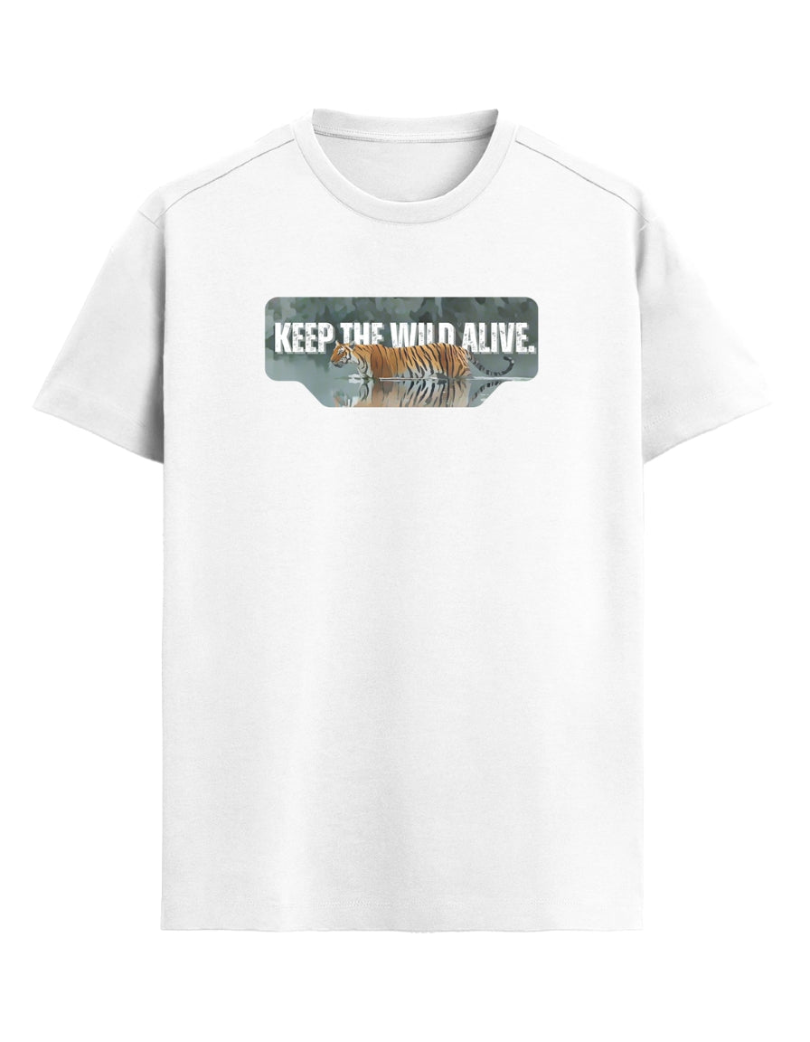White t-shirt with a graphic of a tiger and 'Keep the Wild Alive' text on a white background