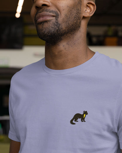 Man wearing Lavender Supima cotton t-shirt with embroidered Nilgiri Marten wildlife design by Tucktribe