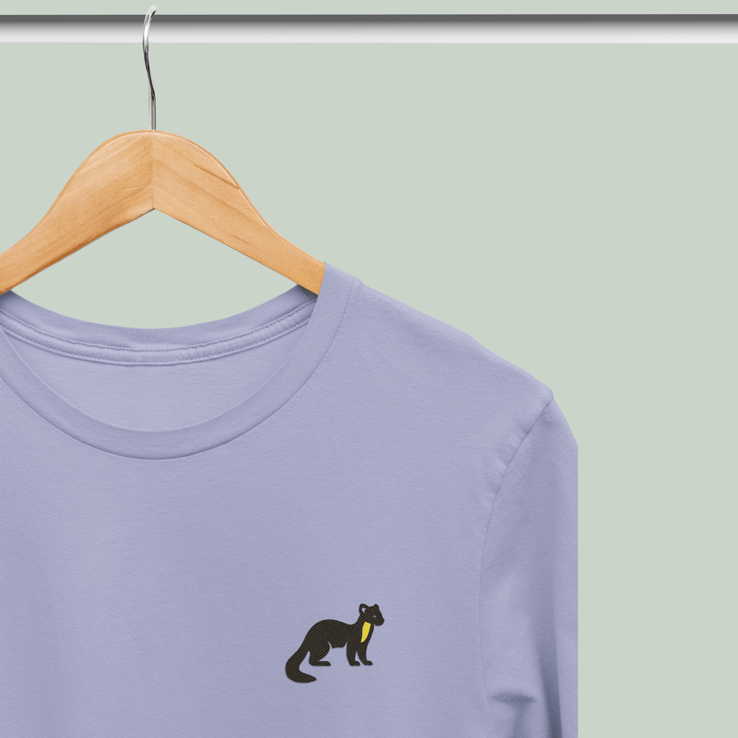 Lavender Supima cotton t-shirt with embroidered Nilgiri Marten wildlife design by Tucktribe