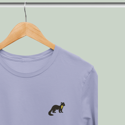 Lavender Supima cotton t-shirt with embroidered Nilgiri Marten wildlife design by Tucktribe