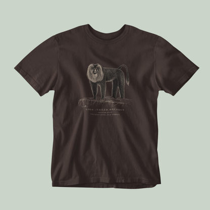 Lion-tailed macaque vintage wildlife graphic on unisex brown T-shirt inspired by Rashmi Dsouza wildlife photography
