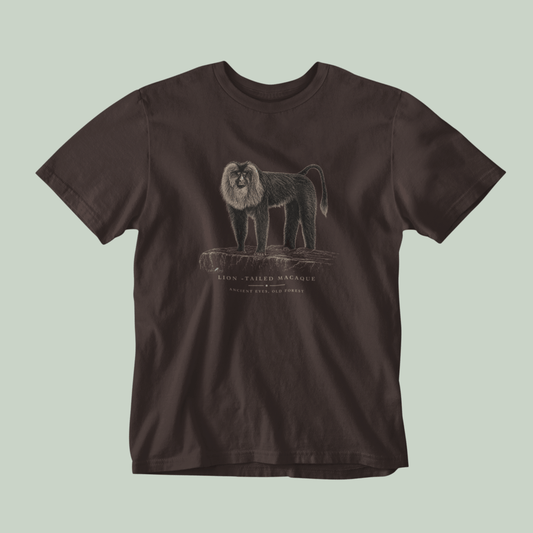 Lion-tailed macaque vintage wildlife graphic on unisex brown T-shirt inspired by Rashmi Dsouza wildlife photography