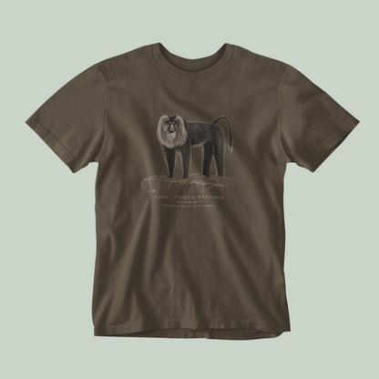 Lion-tailed macaque vintage wildlife graphic on unisex Olive green T-shirt inspired by Rashmi Dsouza wildlife photography