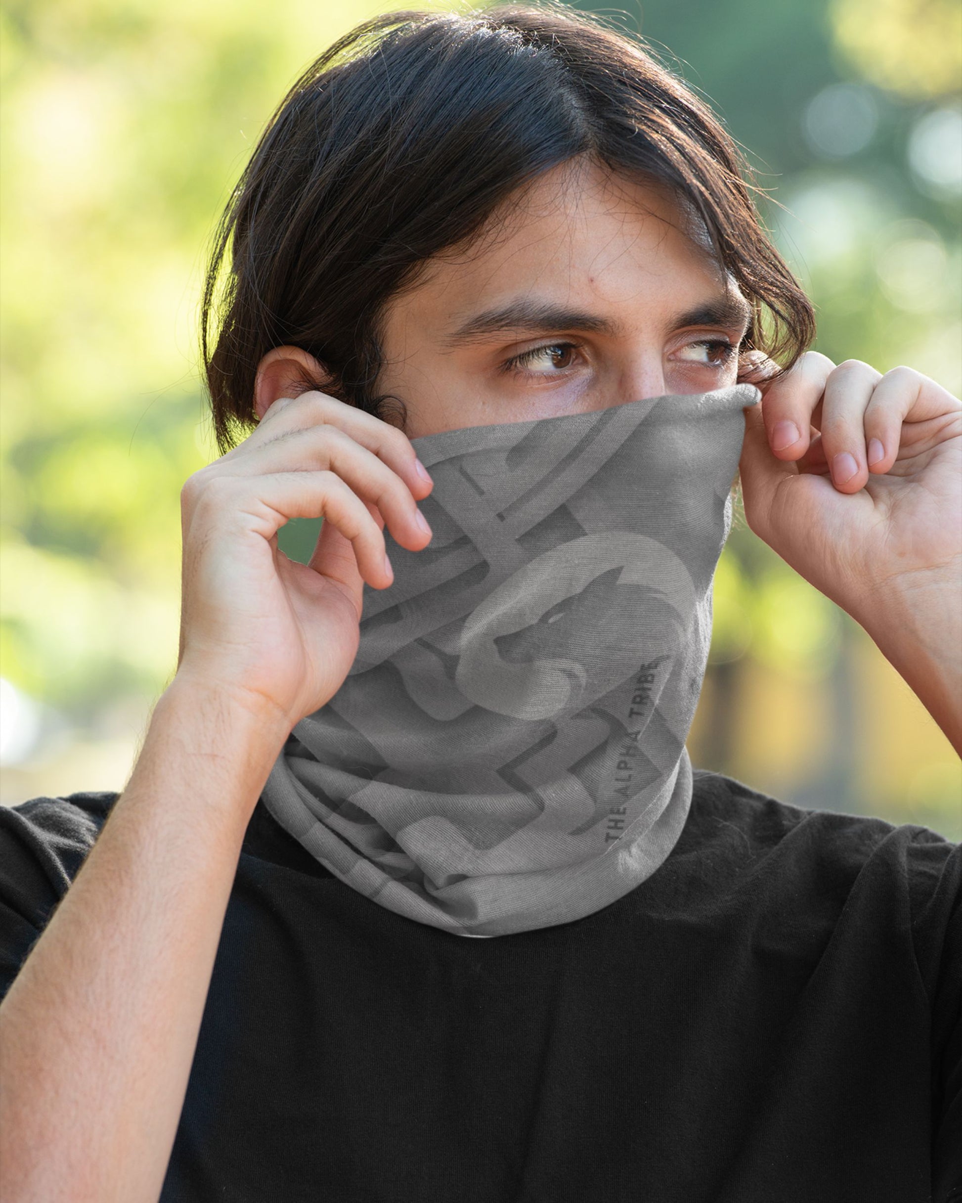 man wearing a tucktribe wildlife neck gaiter front view