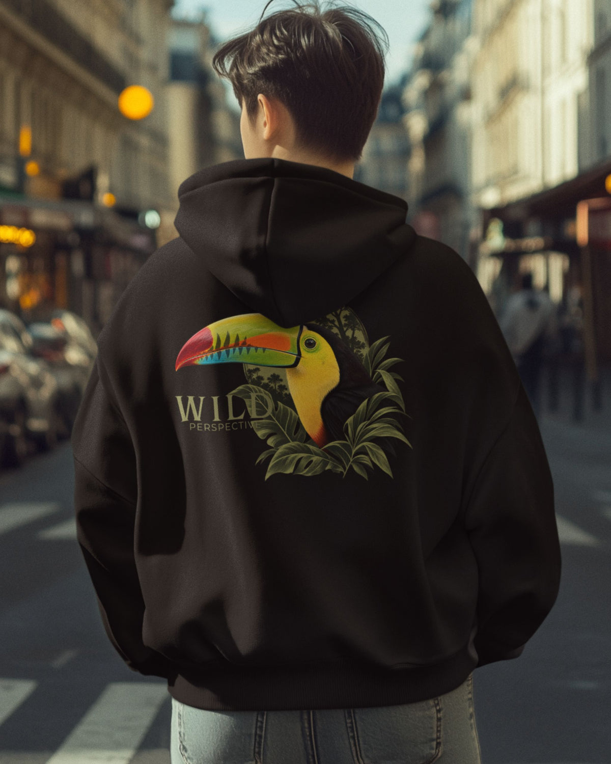 Detailed tropical toucan graphic surrounded by rainforest foliage on black wildlife hoodie