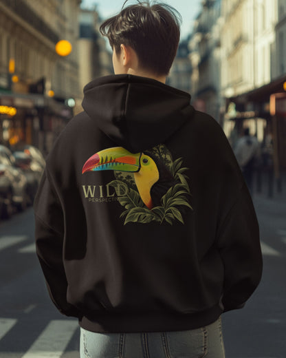 Detailed tropical toucan graphic surrounded by rainforest foliage on black wildlife hoodie