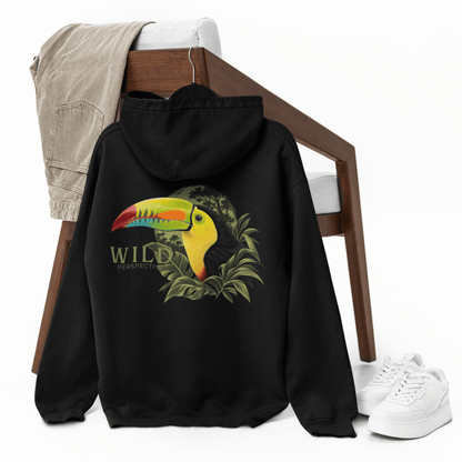 Toucan wildlife graphic on black oversized hoodie with Wild Perspective typography