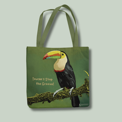 Tote bag with a toucan design and text on a light gray background