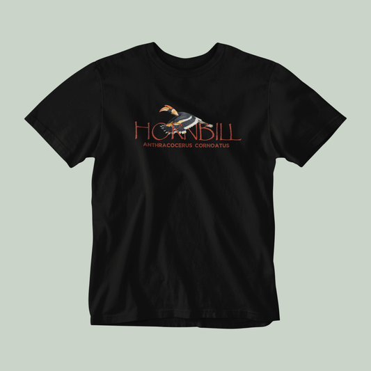 Black tucktribe t-shirt with a hornbill design and text on a light gray background