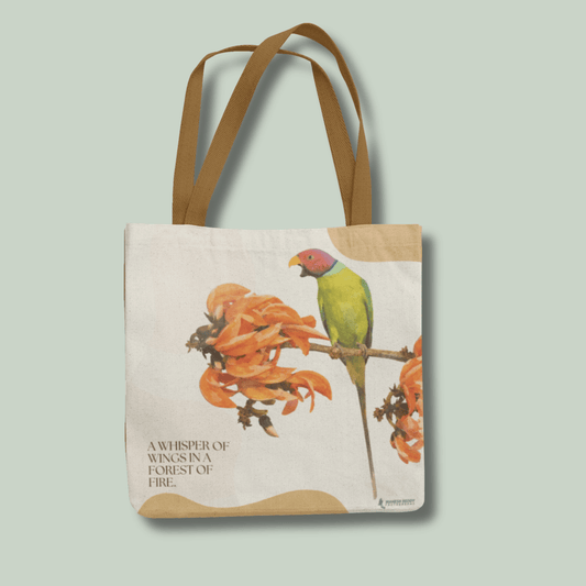 tucktribe Tote bag with a plumheaded parakeet design on a light gray background