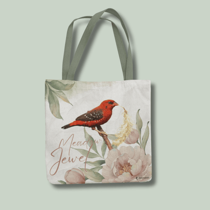 Tucktribe Tote bag with a red munia bird and floral design on a light green background